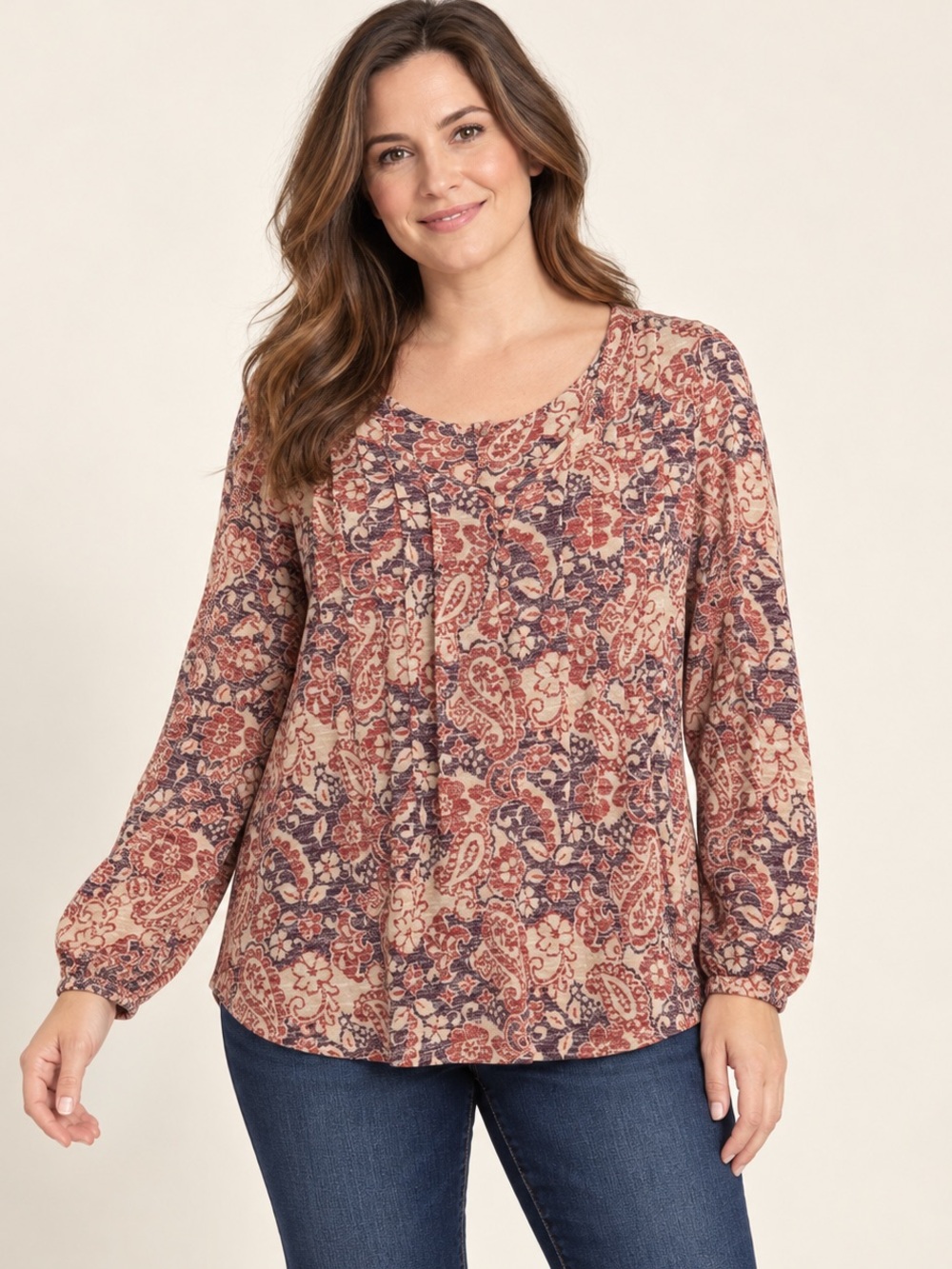 Kim Rogers Red Purple Paisley Floral Long Sleeve Henley Tunic Blouse Top